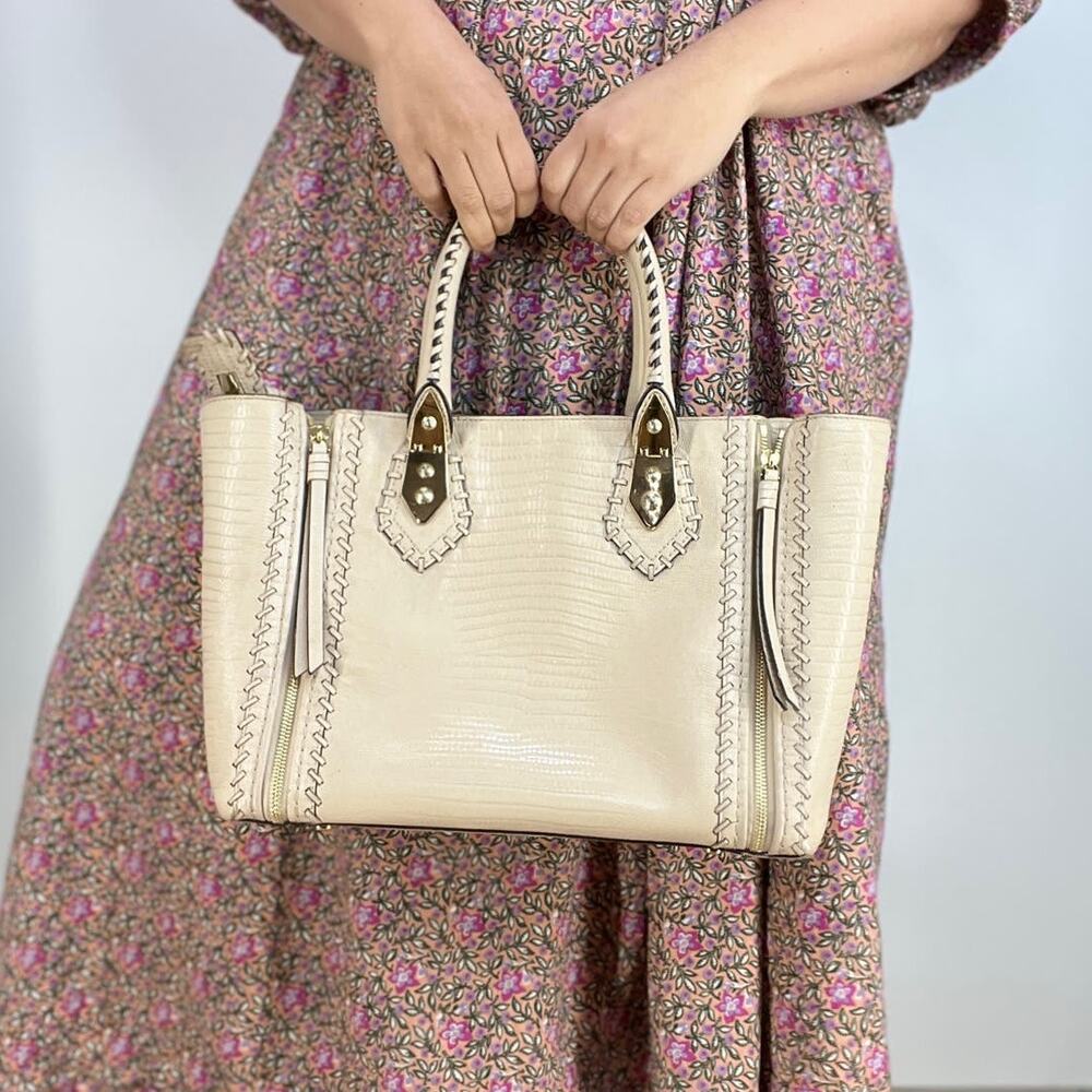 Henri Bendel A List Satchel Lizard Embossed Leather Bag Whipstitched